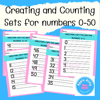 Preview of Writing Practice, Creating&Counting Sets for numbers 0-50,worksheets,homework.