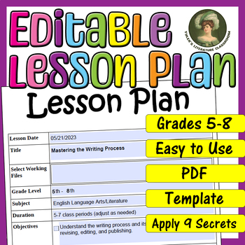 Preview of Writing Process : Editable Lesson Plan for Middle School
