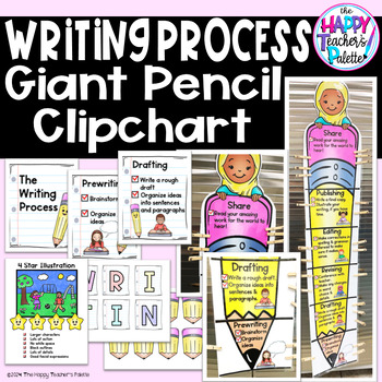 Preview of Writing Process Giant Pencil Clip Chart Bulletin Board Set - Pastel
