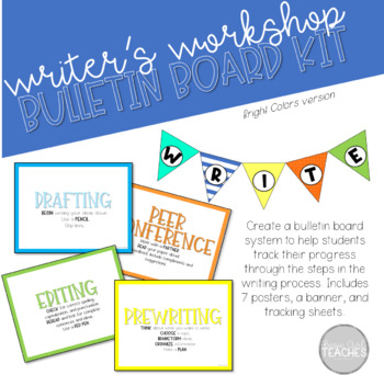 Preview of Writing Process Student Tracking System Bulletin Board Poster Bright Lines Theme