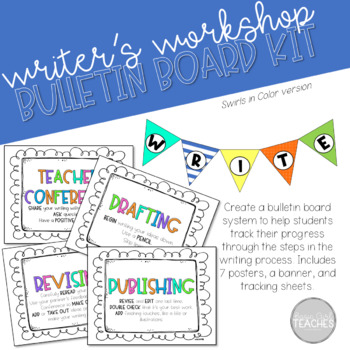 Preview of Writing Process Student Tracking System Bulletin Board Posters Swirls in Color