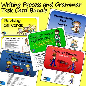 Preview of Writing Process and Grammar Task Card Bundle - Print and Easel Versions