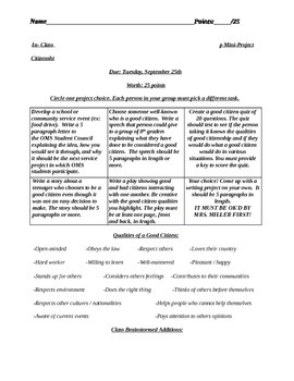 Preview of Writing Project on Being a Good Citizen - Multiple Options worksheet