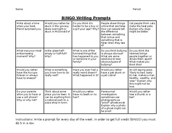 Preview of Writing Prompt Bingo