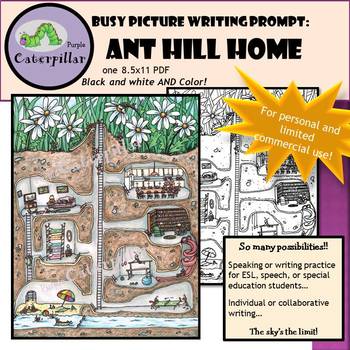 Preview of Writing Prompt Busy Picture :  Ant Hill Home in Color and Black and White