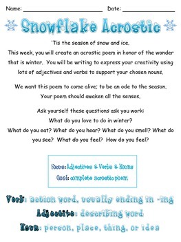 Snowflake Acrostic Worksheets Teaching Resources Tpt