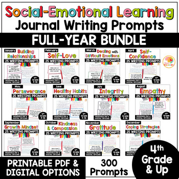 Preview of Daily Social-Emotional Learning Journal Writing Prompts ONE YEAR SEL Worksheets