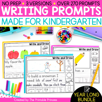 Preview of Kindergarten Monthly Writing Prompts with Pictures and Sentence Starters Bundle