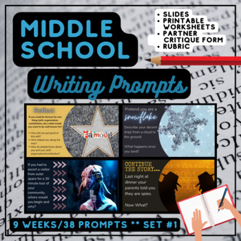 Preview of Writing Prompts for Middle Schoolers Set #1 (9 weeks + rubric + critique form)