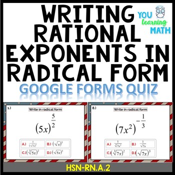 Preview of Writing Rational Exponents in Radical Form: GOOGLE Forms Quiz - 20 Problems