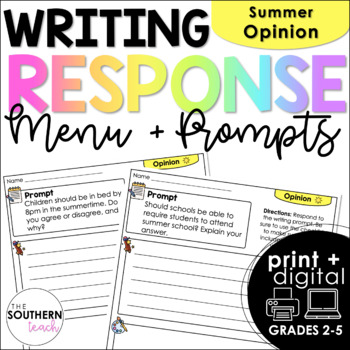 Preview of Writing Response Menu and Prompts | Summer Opinion