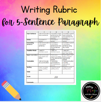 Writing Rubric Five Sentence Paragraph by Making Magic with Mrs Meyer