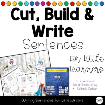 Preview of Writing Sentences Kindergarten  | Cut Build & Write | Building with Nouns Verbs