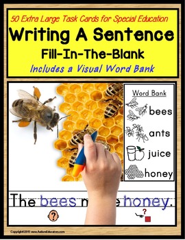 Preview of Writing Sentences | LARGE Task Cards for Autism with Visual Word Bank and Data