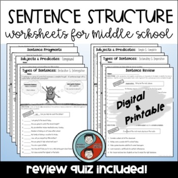 Preview of Writing Sentences - Sentence Structure  Worksheet Bundle Digital & Printable