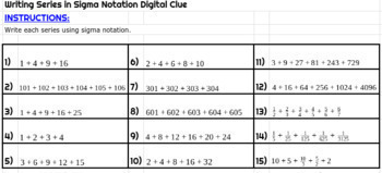 Writing Series in Sigma Notation DIGITAL Clue Mystery Activity TPT