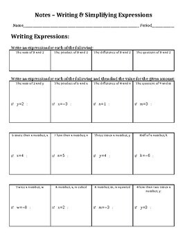Preview of Writing & Simplifying Expressions (Order of Operations) - Notes or Practice