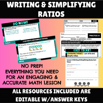 Preview of Writing & Simplifying Ratios Lesson: No Prep (Slides, Notes, Worksheets)