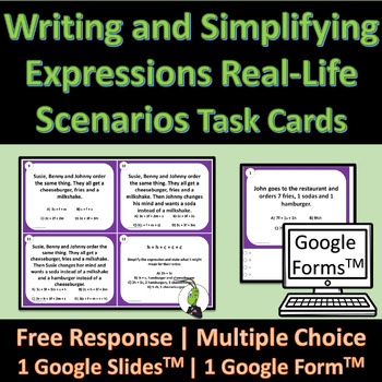 Preview of Writing, Simplifying and Evaluating Expressions Real Life Scenarios Task Cards