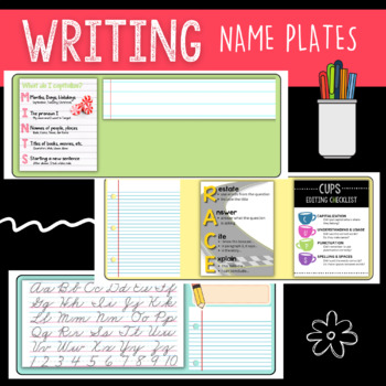 Preview of Writing Skills Name Plates for Desktops or Bins | Cursive | MINTS | CUPS | RACE