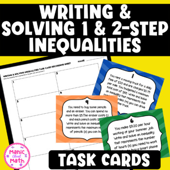Preview of Writing & Solving 1 and 2-Step Inequalities Task Cards & Recording Sheet