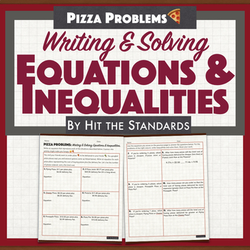 Preview of Writing & Solving Equations & Inequalities Pizza Problems.