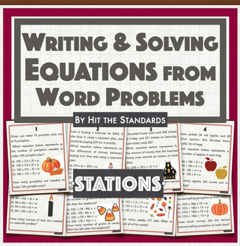 Preview of Writing & Solving Equations from Word Problems Stations Math Fall Thanksgiving 