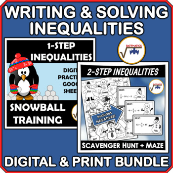 Preview of Writing & Solving Inequalities Digital & Print Winter-Themed Bundle