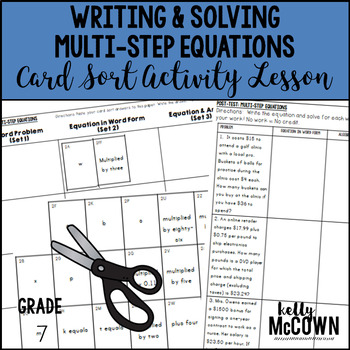 Preview of Writing & Solving Multi-Step Equations Card Sort Activity Lesson