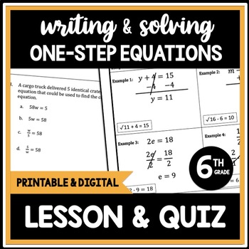 Preview of Writing & Solving One-Step Equations, 6th Grade Algebra Lesson & Assessment