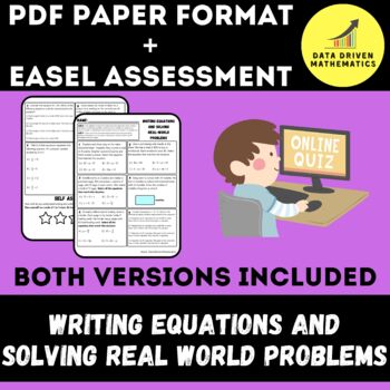 Preview of Writing/Solving Real World Equations Quiz - PDF + Easel Assessment Ready - 6.EE