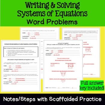Preview of Writing & Solving System of Equations Word Problems: Notes & Scaffolded Practice