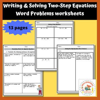 Preview of Writing & Solving Two-Step Equations Word Problems worksheets 7th grade