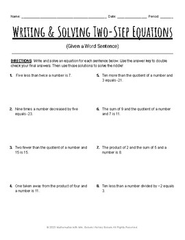 Preview of Writing & Solving Two-Step Equations Worksheet