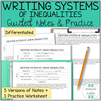 Preview of Writing Systems of Inequalities Word Problems Differentiated Notes Worksheet