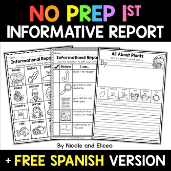 Preview of No Prep First Grade Informational Report Writing + FREE Spanish