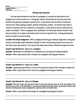 Preview of Writing Topic Sentences Worksheet