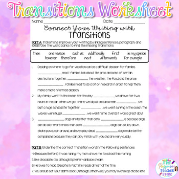Preview of Writing Transitions Worksheet | Print and Digital