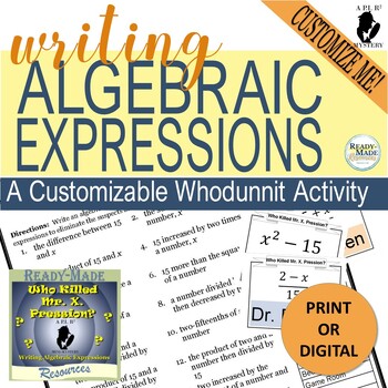 Preview of Writing (Translating) Algebraic Expressions Customizable Mystery PRINT/DIGITAL