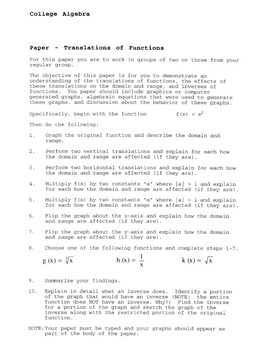 Preview of Writing:  Translations of Functions Paper (Algebra)