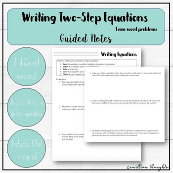 Preview of Writing Two-Step Equations from Word Problems Guided Notes