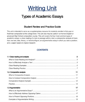Preview of Writing Unit - Types of Academic Essays