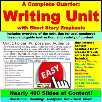 Preview of Writing, Short Stories Unit: Middle School to Sophomore, Full Quarter, Digital