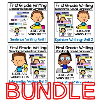 Preview of Writing Units. {BUNDLE} First Grade Curriculum. Slides and Worksheets.