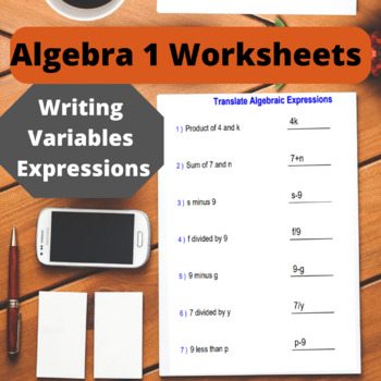 Preview of Writing Variables Expressions Worksheets For 7th 8th and 9 th Grade