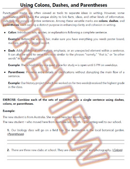 Preview of Writing Worksheets: Using Semicolon, Colons, Dashes, & Parentheses HS Word Doc