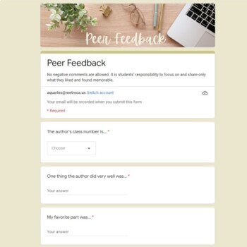 Preview of Writing Workshop Peer Feedback Google Form