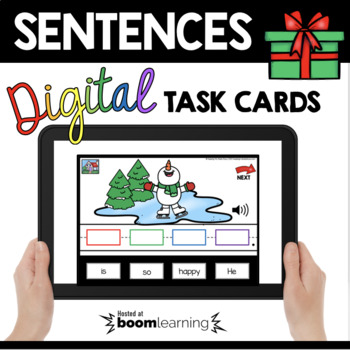 Preview of Writing a Complete Sentence - Digital Boom Cards for Kindergarten Christmas