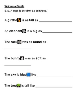 Preview of Writing a Simile Activity Sheet (with emoji images to help readers)