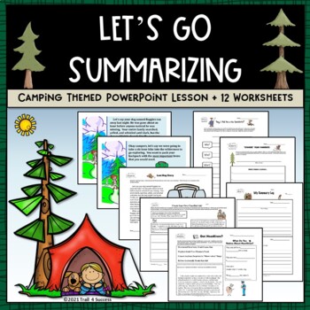 Preview of Writing a Summary PowerPoint Lesson and Worksheets Camping Theme